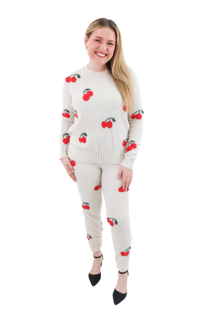 splendid beige cherry fuzzy pj set nwt (s; retail $118)