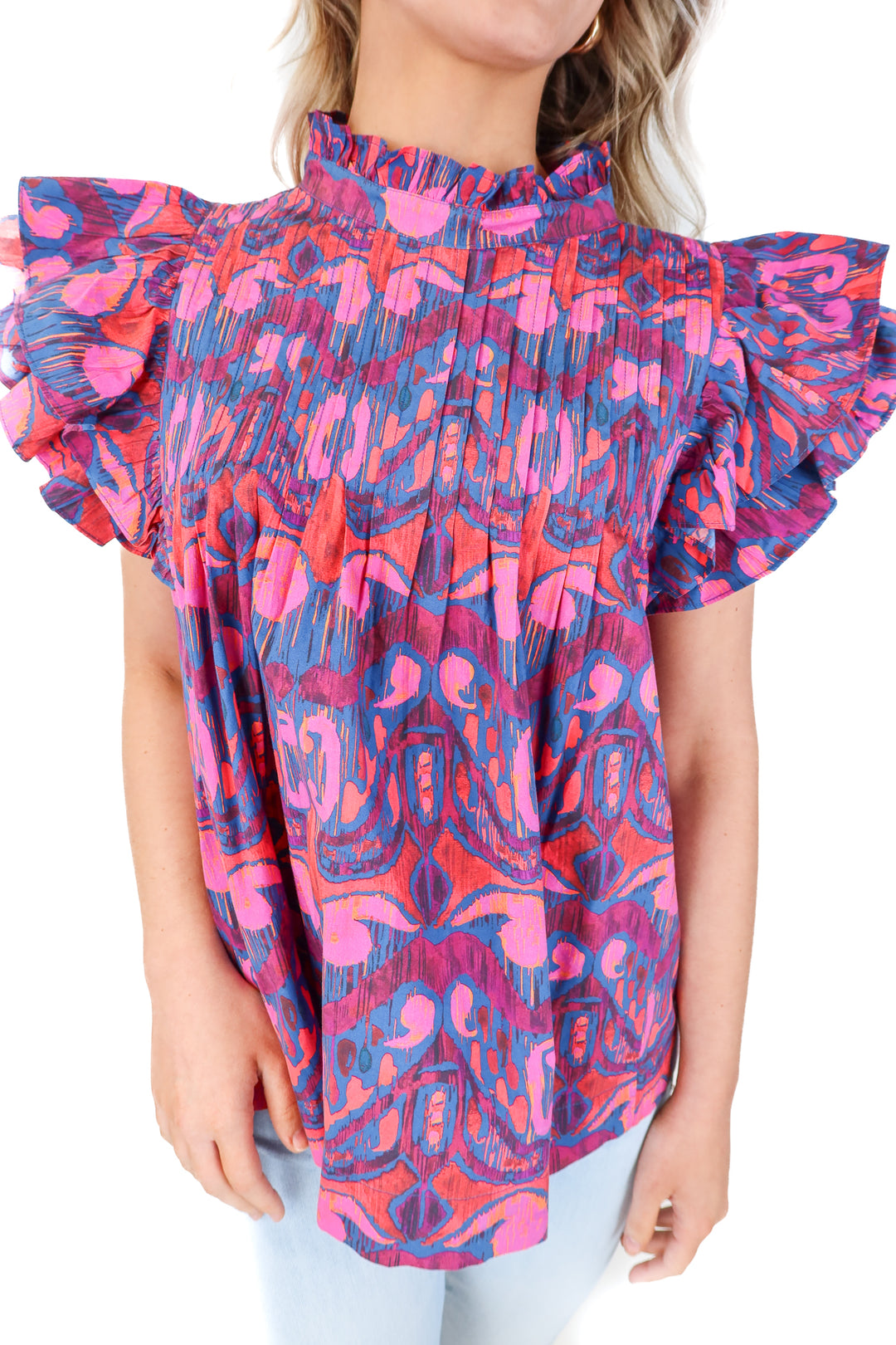 oliphant purple ruffle mockneck blouse (s)