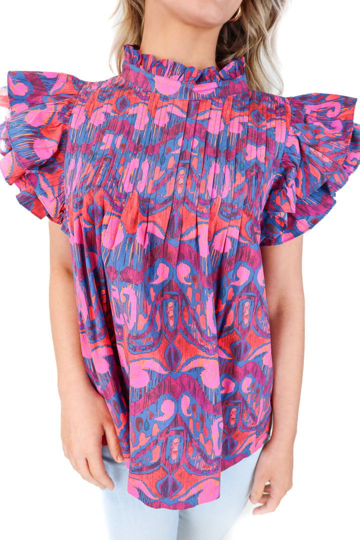 oliphant purple ruffle mockneck blouse (s)