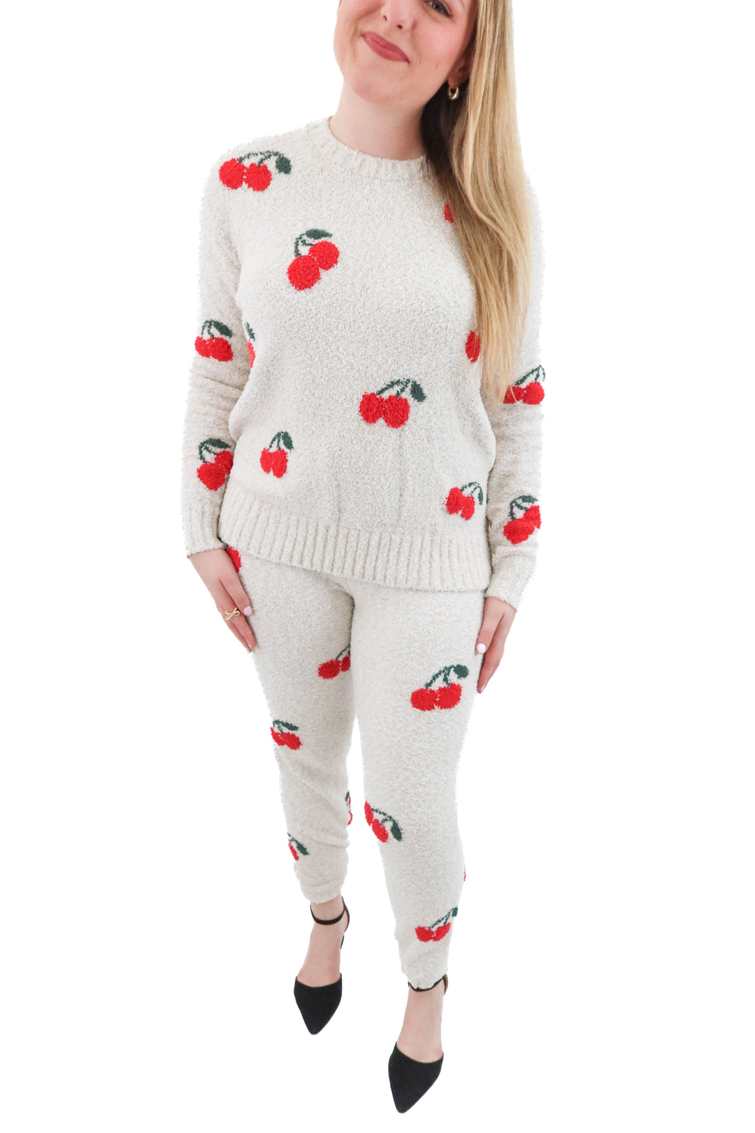splendid beige cherry fuzzy pj set nwt (s; retail $118)