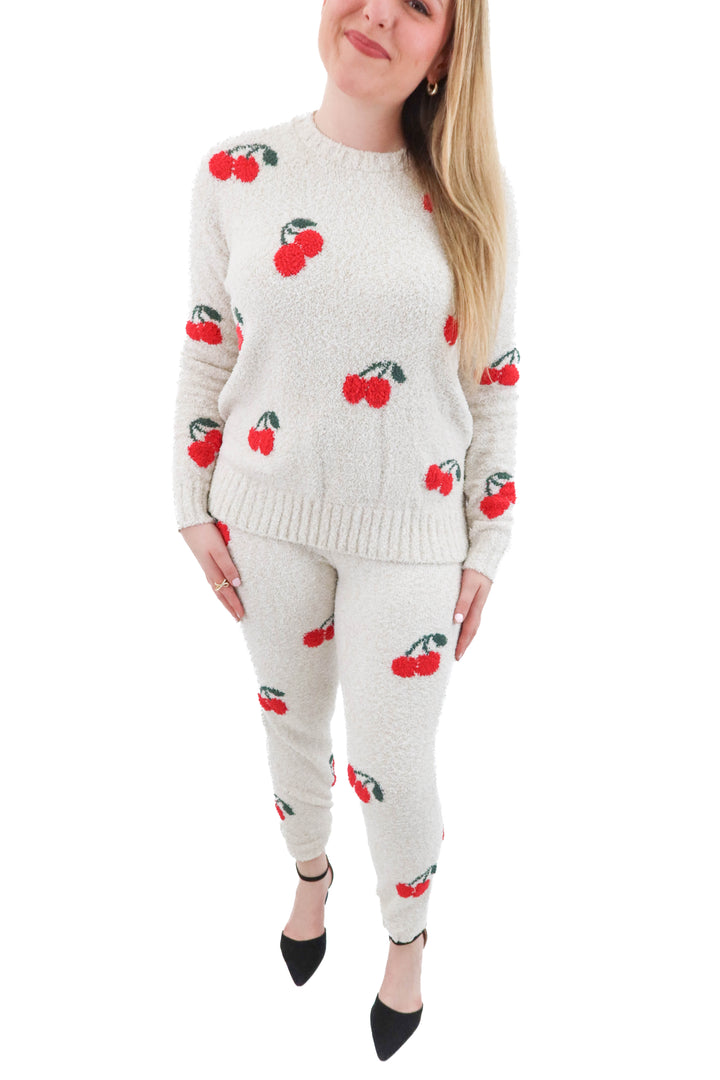 splendid beige cherry fuzzy pj set nwt (s; retail $118)