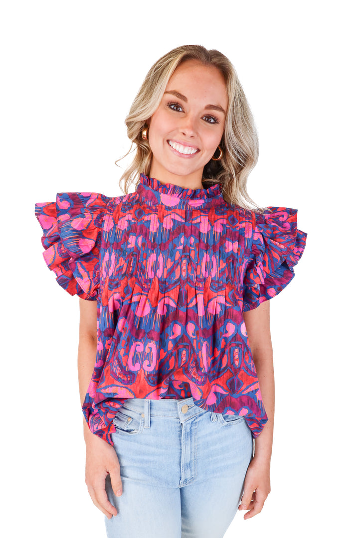 oliphant purple ruffle mockneck blouse (s)