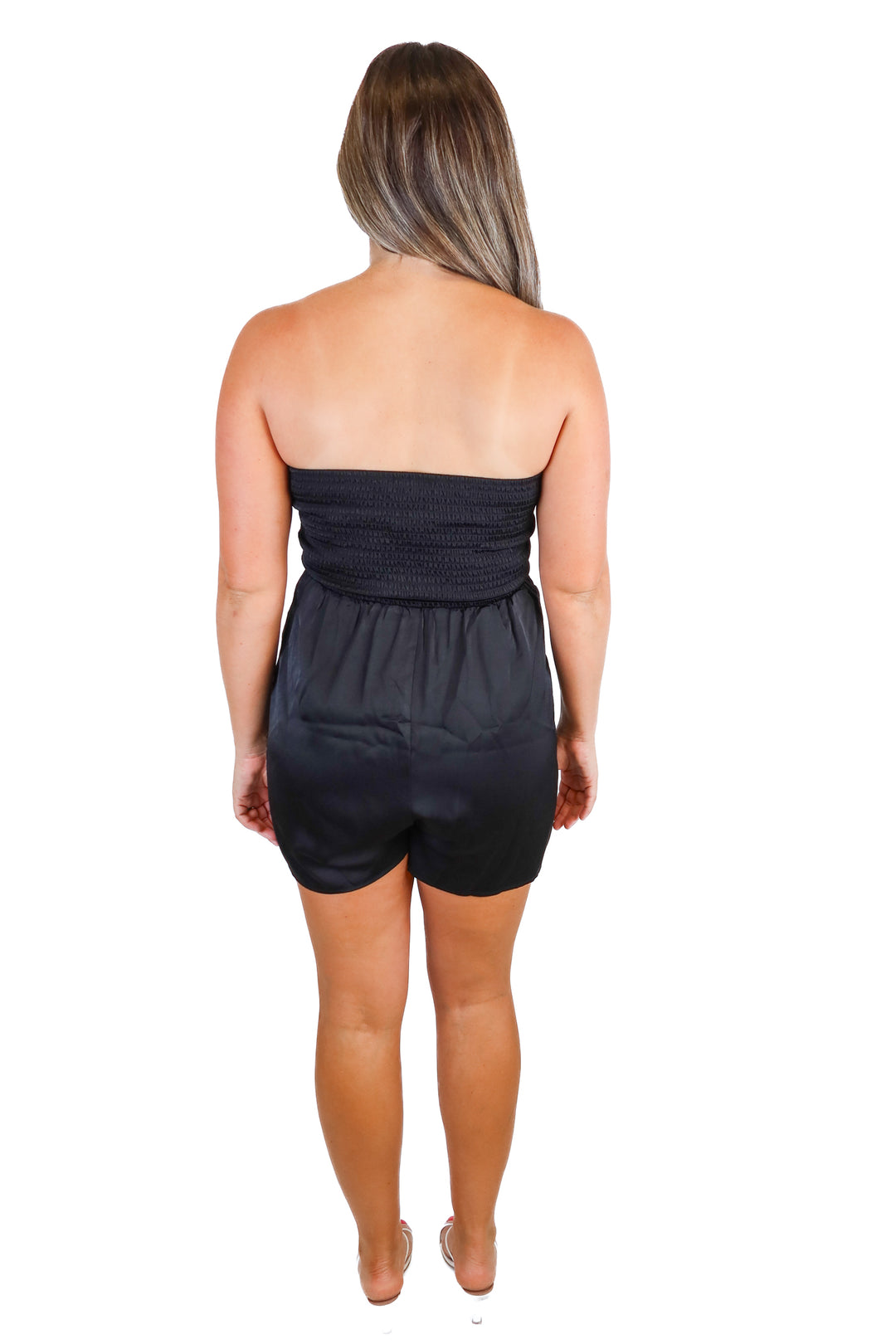 Pink Lily Black Satin Strapless Romper (M)