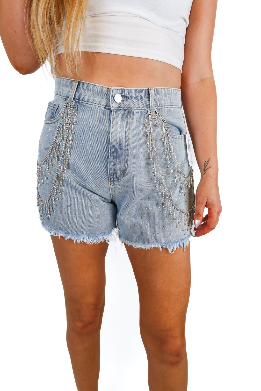 buckle light wash rhinestone denim shorts NWT (L; Retail $55)