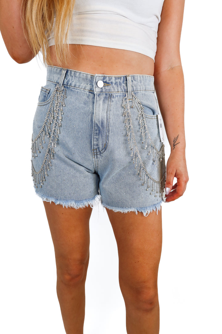 buckle light wash rhinestone denim shorts NWT (L; Retail $55)