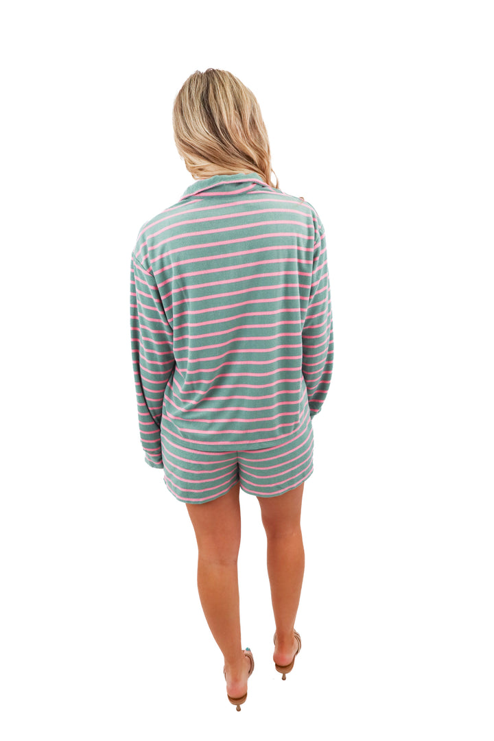 beach riot green/pink stripe top and short set (m; retail $178)