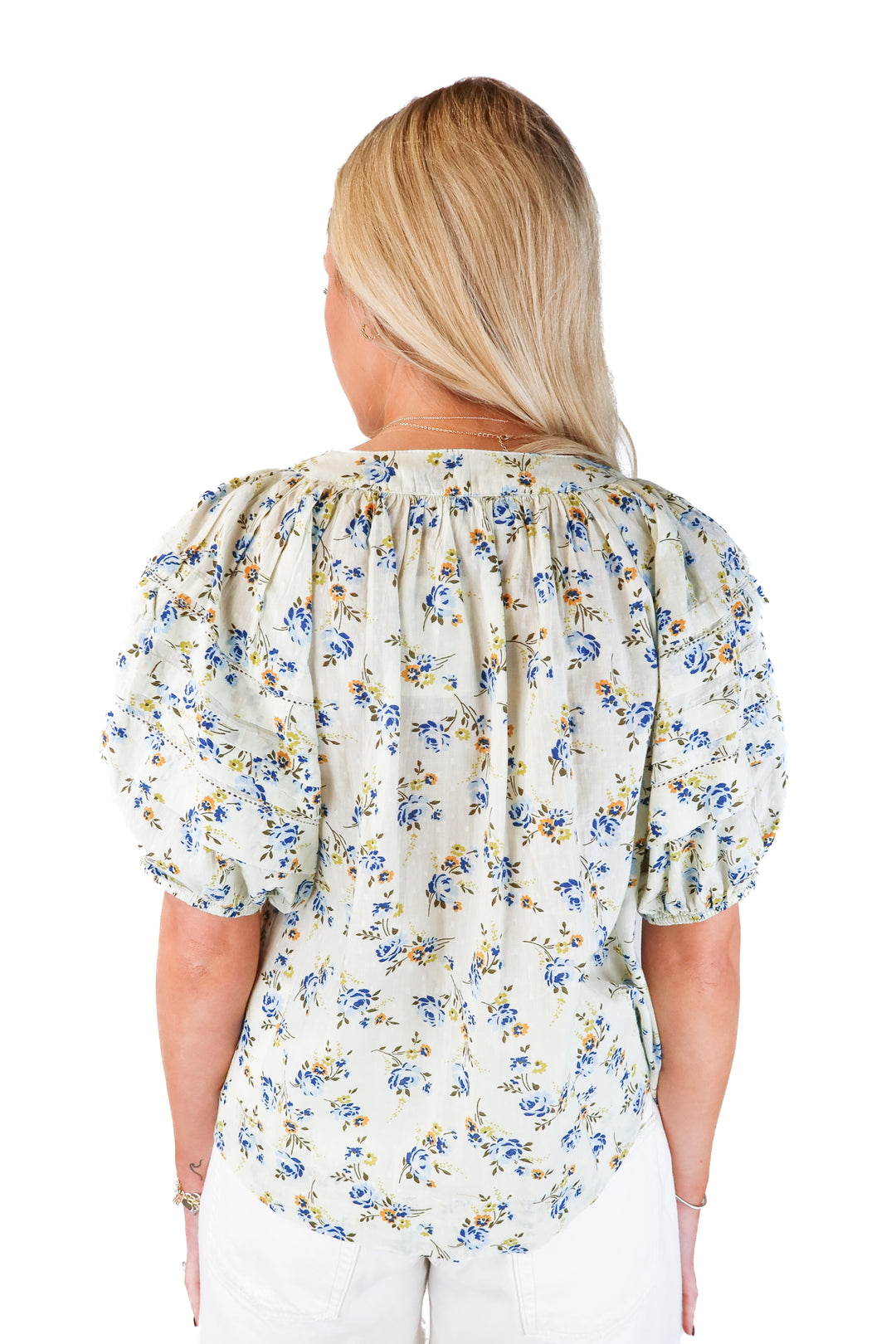 the great pale green bubble sleeve floral top (1)