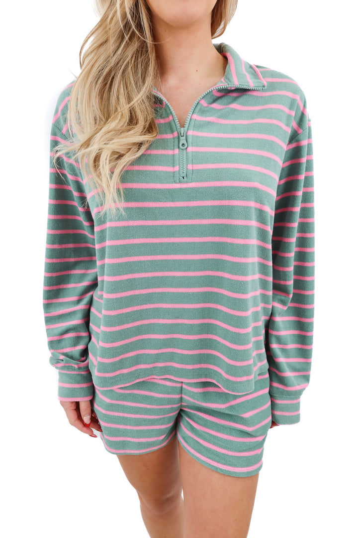 beach riot green/pink stripe top and short set (m; retail $178)