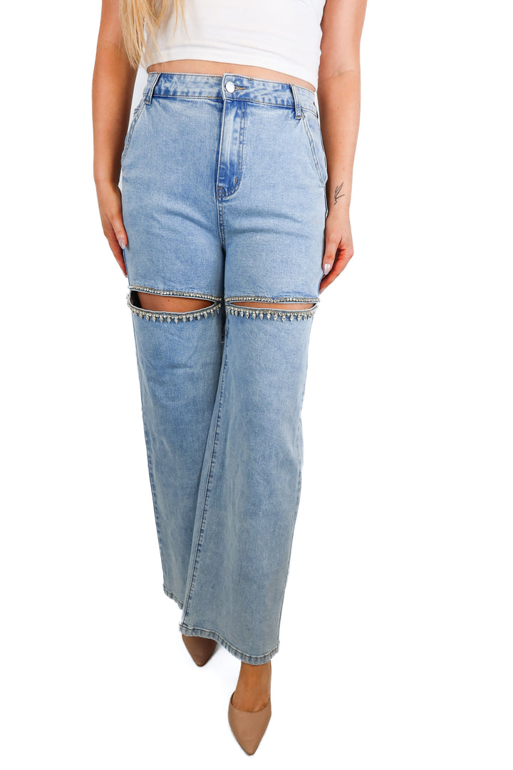 Blue B Light Wash Rhinestone Slit Wide Leg Jeans NWT (L; retail $80)