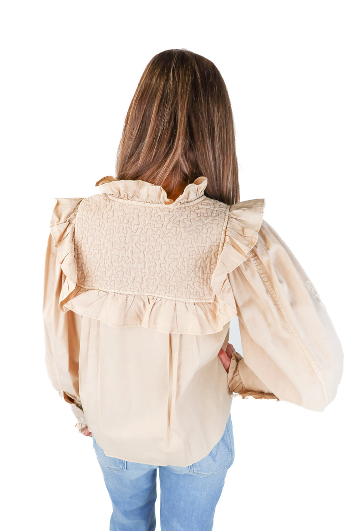 SEA tan ruffle long sleeve blouse (xs)