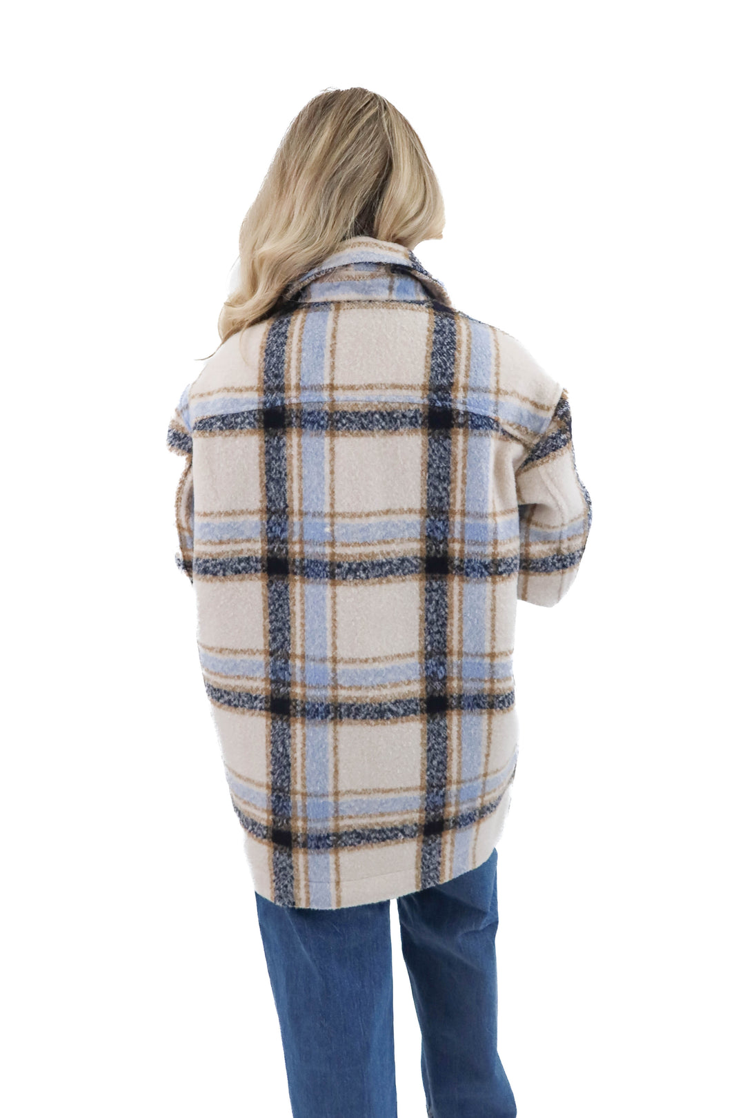 altar'd state blue and cream plaid shacket (l; retail $90)