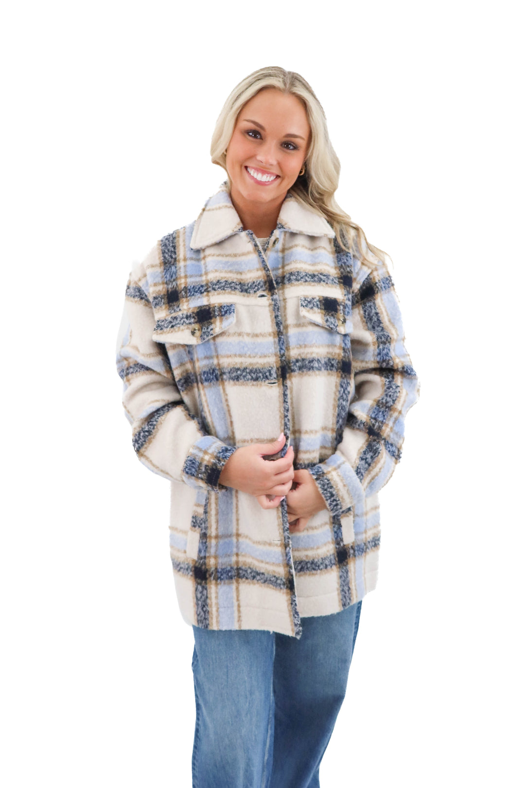 altar'd state blue and cream plaid shacket (l; retail $90)