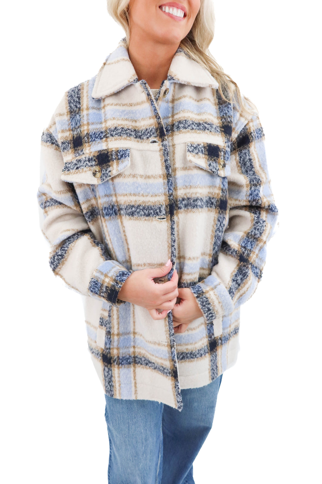 altar'd state blue and cream plaid shacket (l; retail $90)