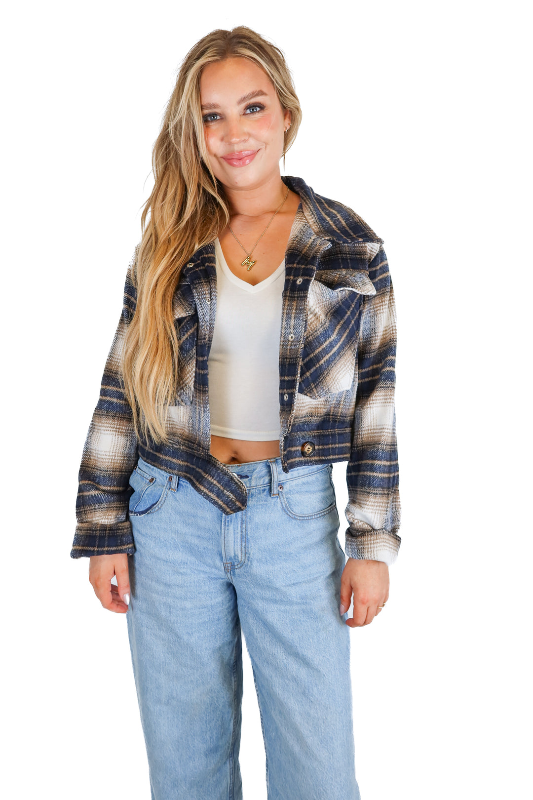 Carly Jean Navy Plaid Flannel Jacket