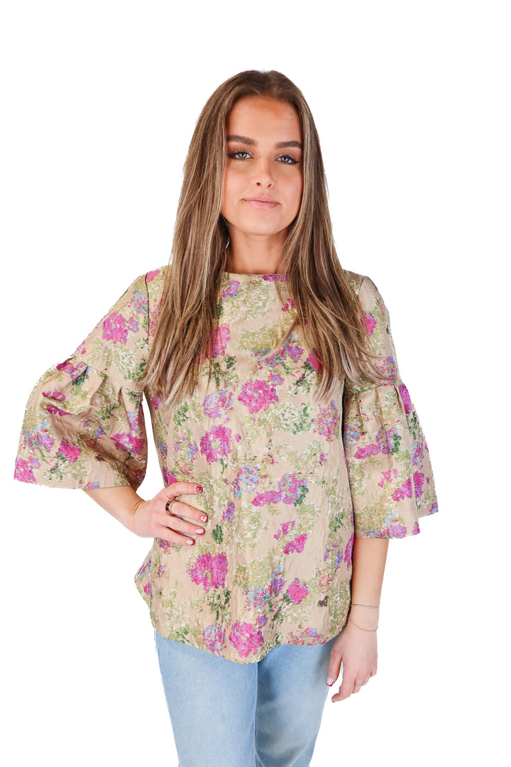 tuckernuck brown floral bell sleeve blouse (s)
