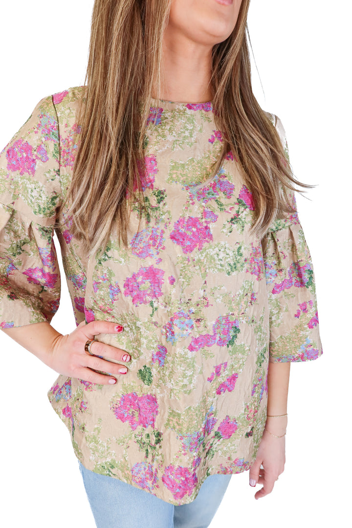 tuckernuck brown floral bell sleeve blouse (s)