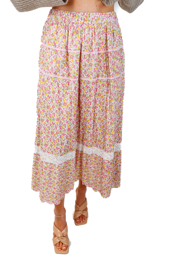 SOLD: love shack fancy pink floral lace maxi skirt (s; retail $245)