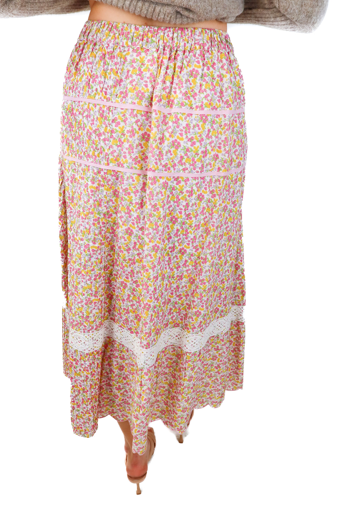 SOLD: love shack fancy pink floral lace maxi skirt (s; retail $245)