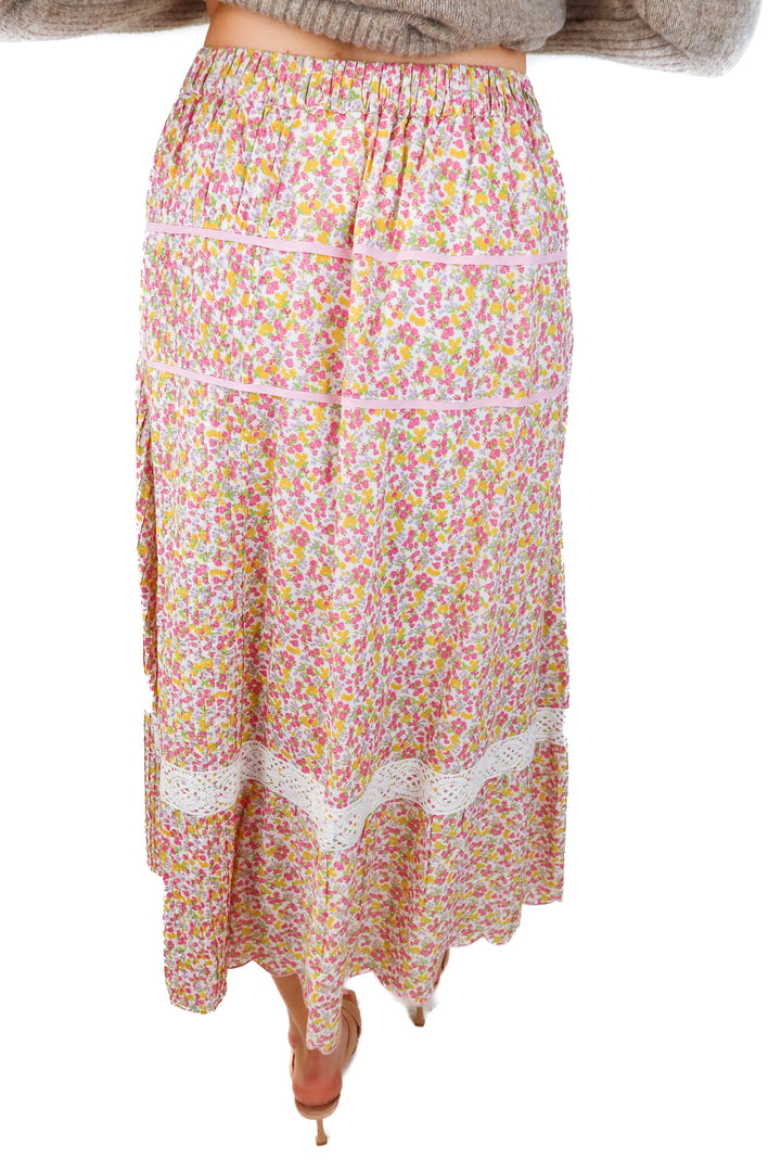 SOLD: love shack fancy pink floral lace maxi skirt (s; retail $245)