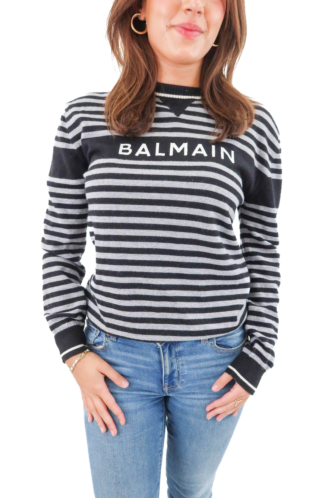 balmain paris black and gray striped sweater (s; retail $895)