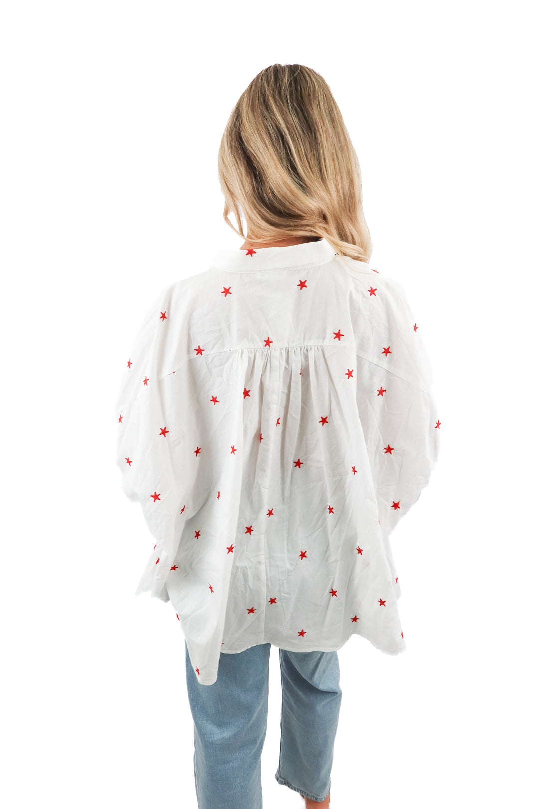 day + moon red star button up (m; retail $79)