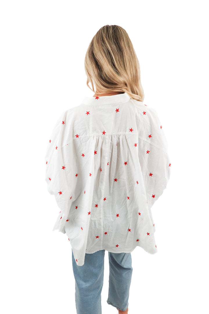 day + moon red star button up (m; retail $79)