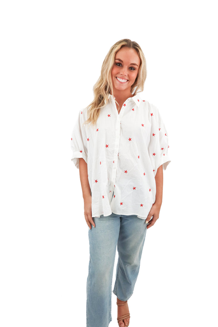 day + moon red star button up (m; retail $79)