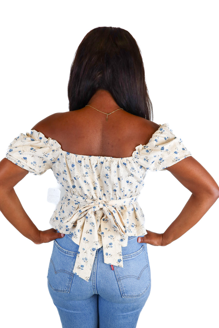 Altar'd State Cream Blue Floral Peplum Top NWT (M; Retail $64)