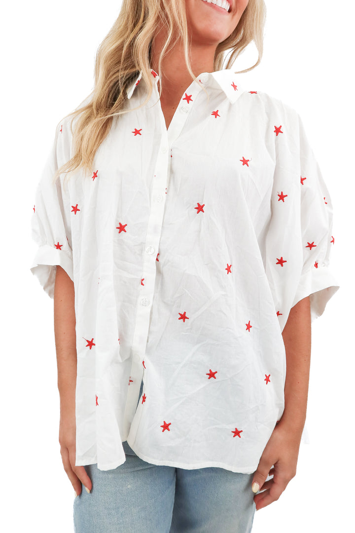 day + moon red star button up (m; retail $79)