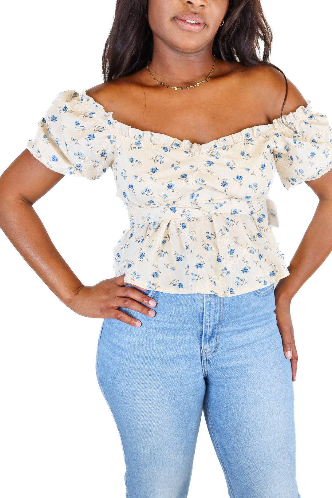 Altar'd State Cream Blue Floral Peplum Top NWT (M; Retail $64)