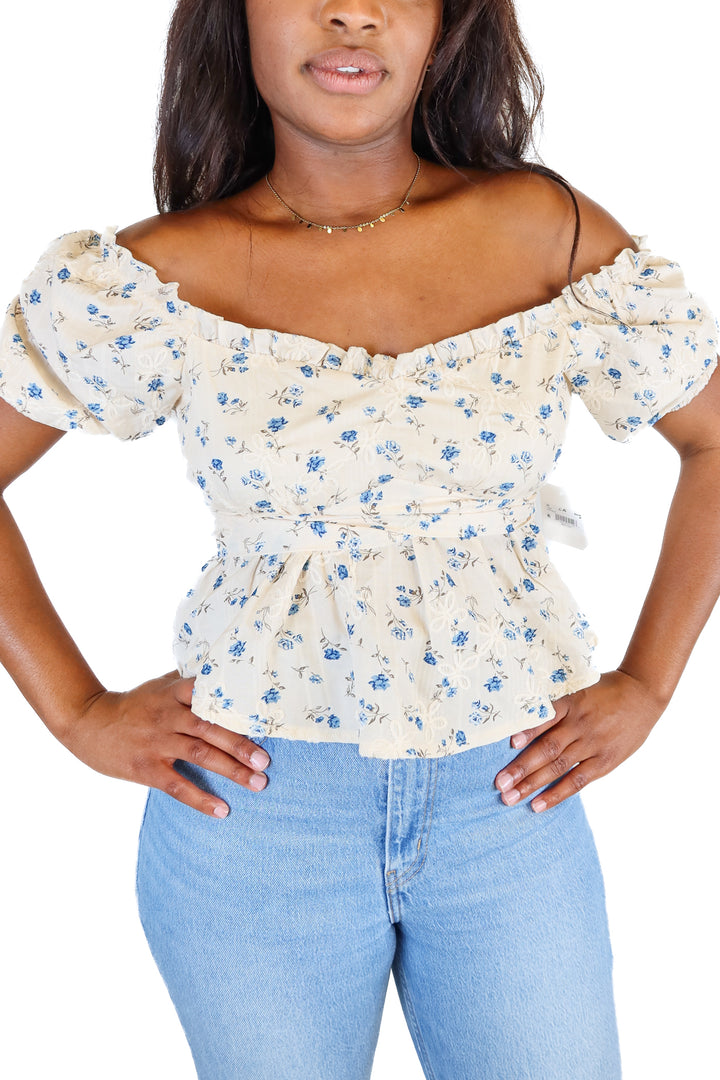 Altar'd State Cream Blue Floral Peplum Top NWT (M; Retail $64)