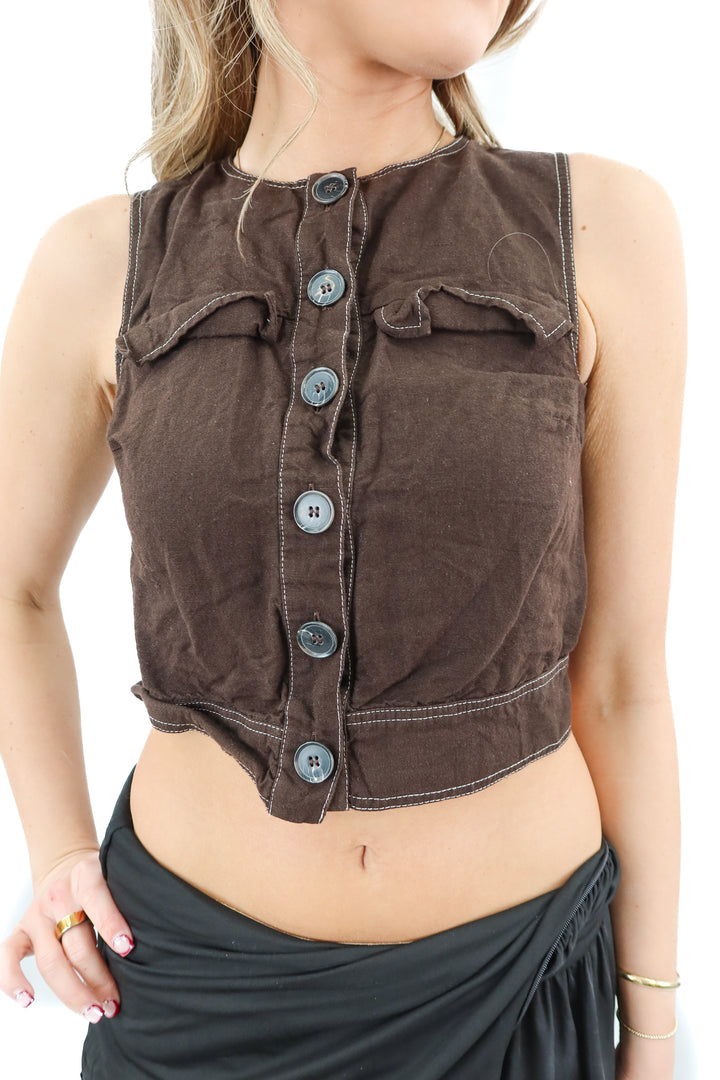 aligne brown sleeveless buttoned top (2; retail $113)