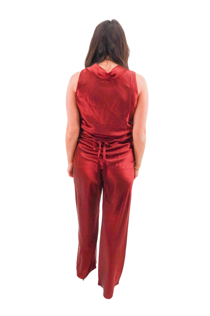 reformation red silk top and pant set (m; retail $328)