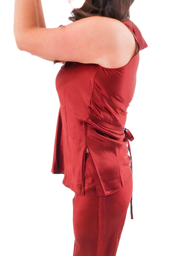 reformation red silk top and pant set (m; retail $328)