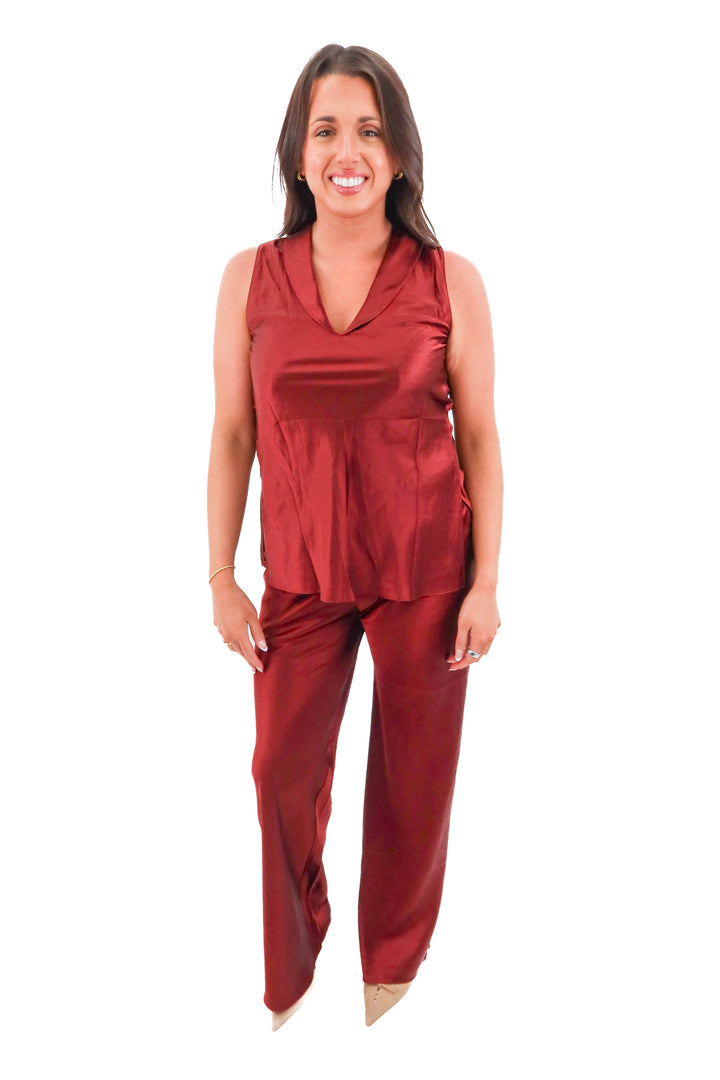 reformation red silk top and pant set (m; retail $328)