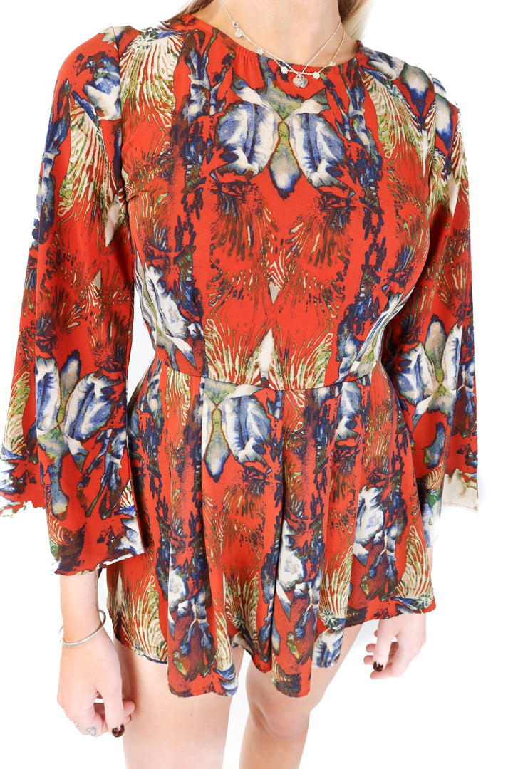burnt orange abstract print romper (s)