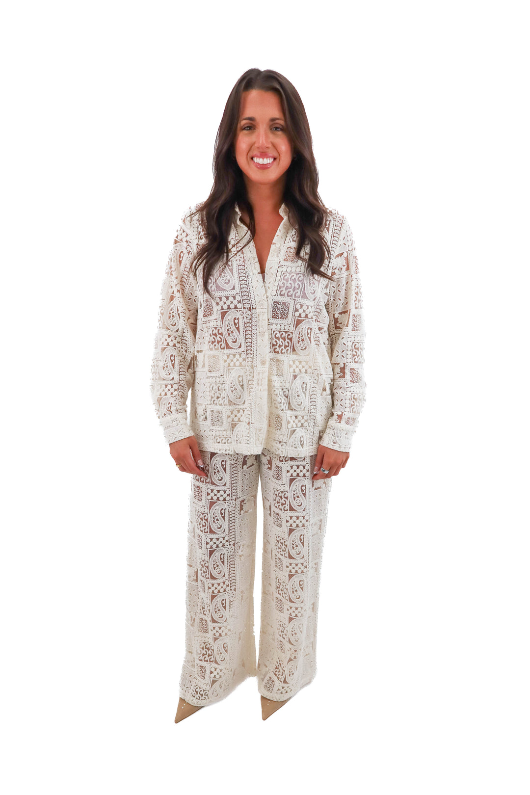 blithe cream lace top and pant set (l; retail $188)