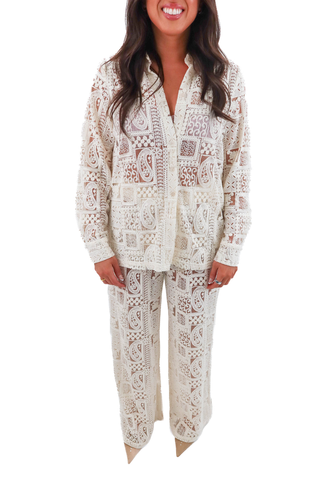 blithe cream lace top and pant set (l; retail $188)