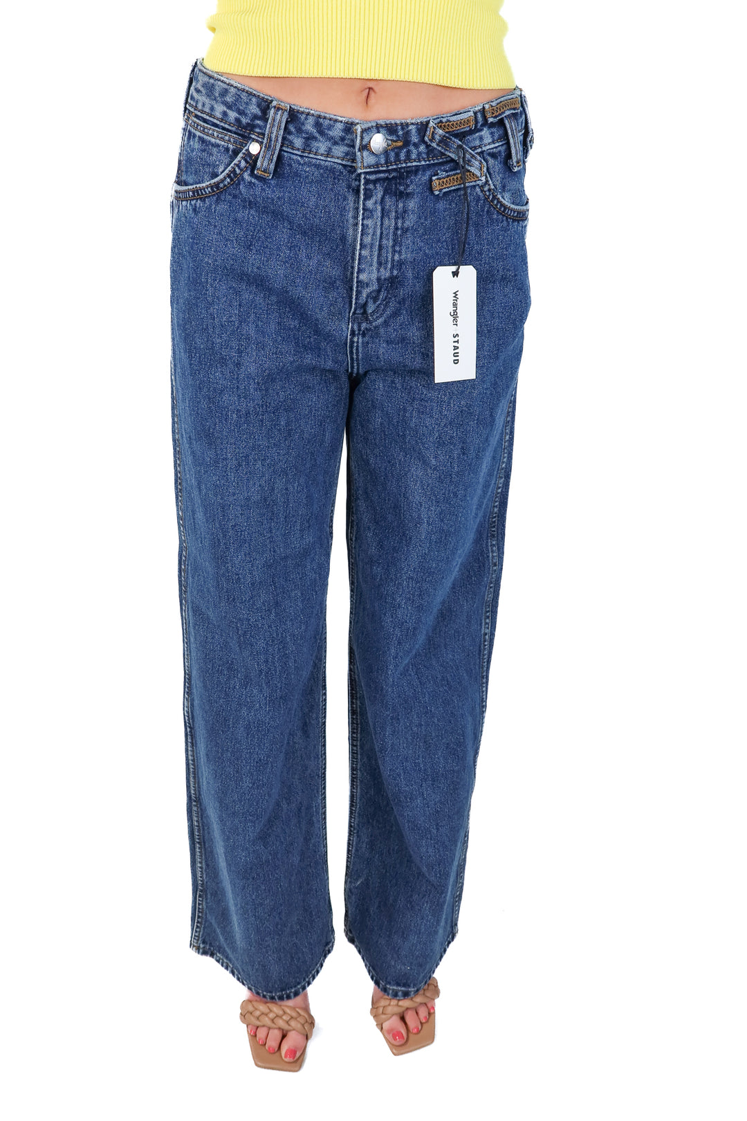 SOLD: wrangler X staud medium wash wide leg jeans NWT (25; retail $195)