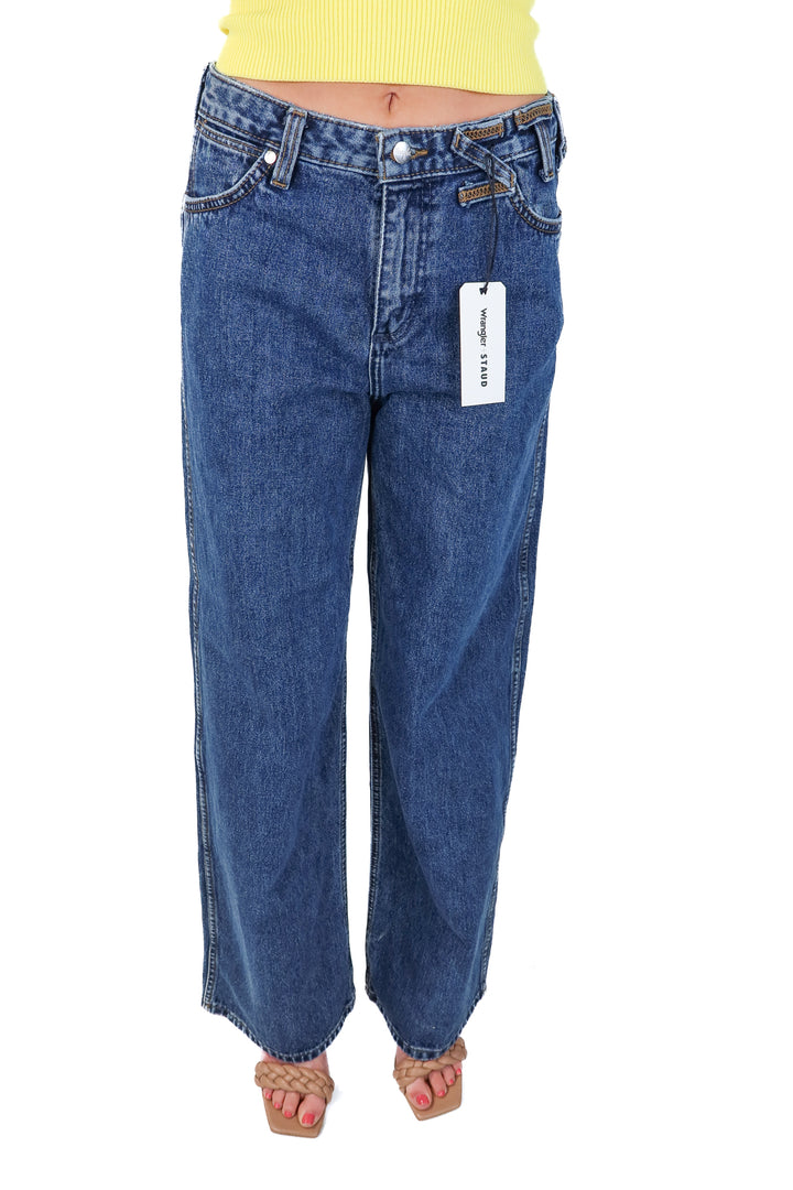 SOLD: wrangler X staud medium wash wide leg jeans NWT (25; retail $195)