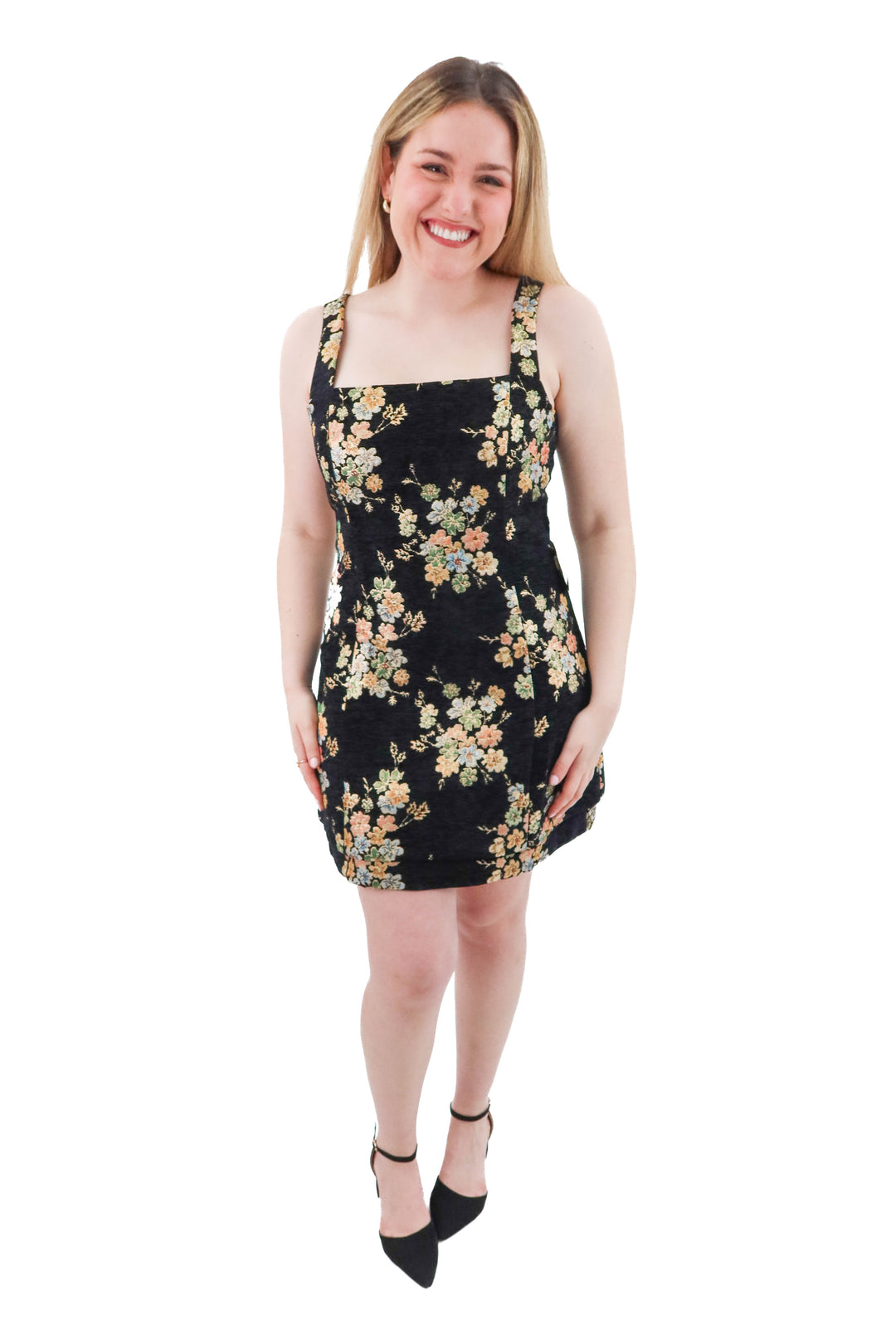 hyacinth house black floral mini dress nwt (l; retail $178)