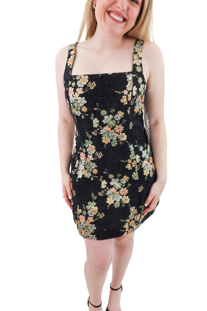 hyacinth house black floral mini dress nwt (l; retail $178)