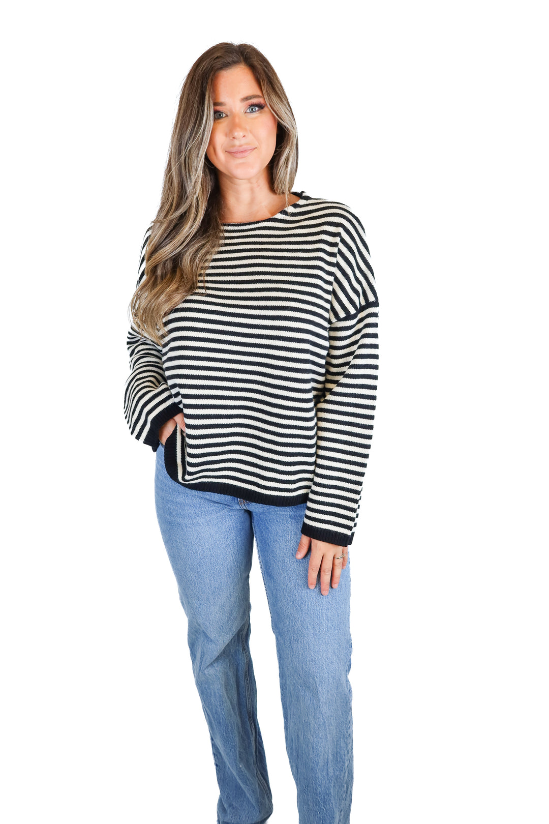 Carly Jean Black/Ivory Stripe Sweater (O/S; retail $78)