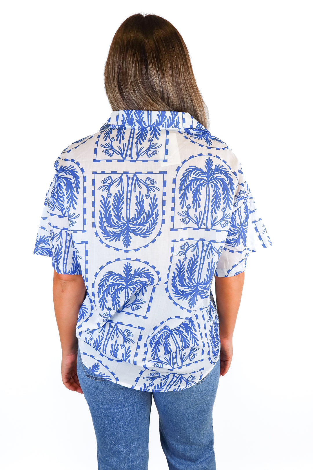 Petal + Pup Blue & White Print  Button Up Shirt (M)