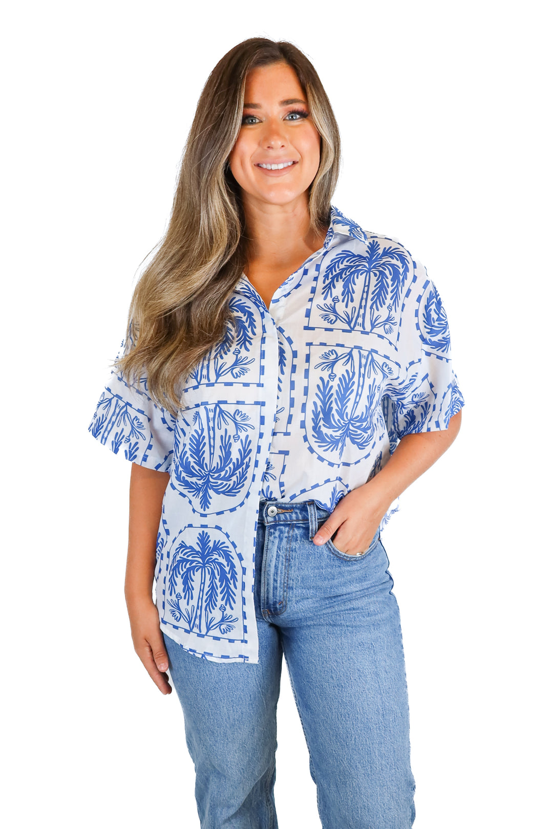 Petal + Pup Blue & White Print  Button Up Shirt (M)