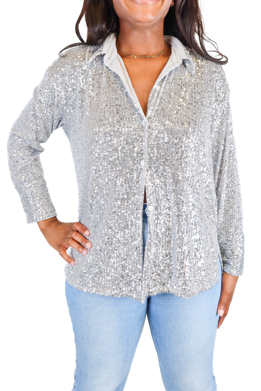 Abercrombie Silver Sequin Button Down Shirt (S)