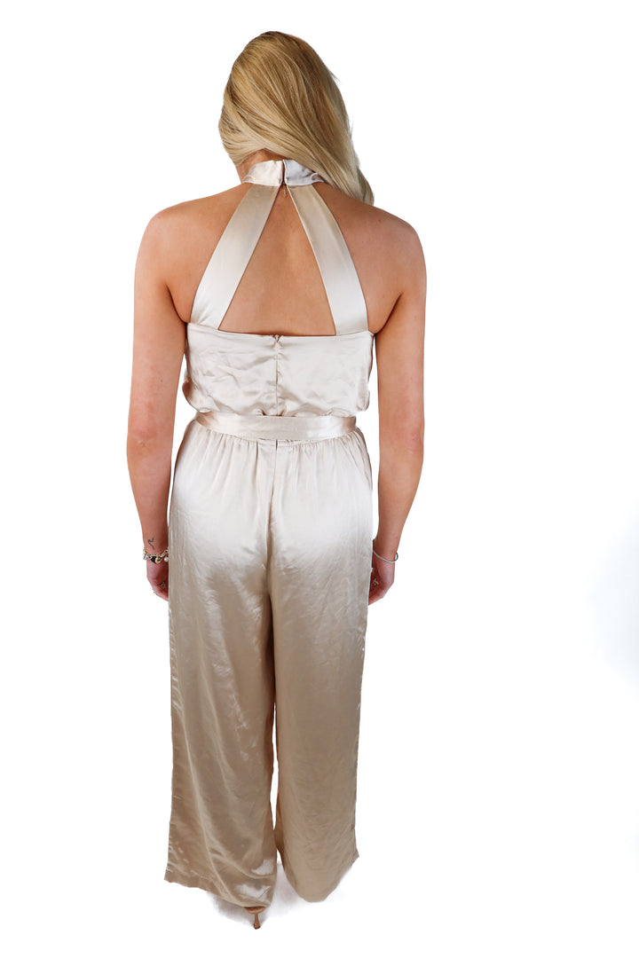 skies are blue champagne jumpsuit (xs; retail $99)