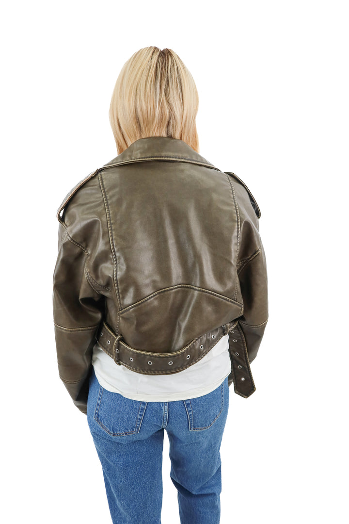 zara green vegan leather belted moto jacket (s; retail $149)