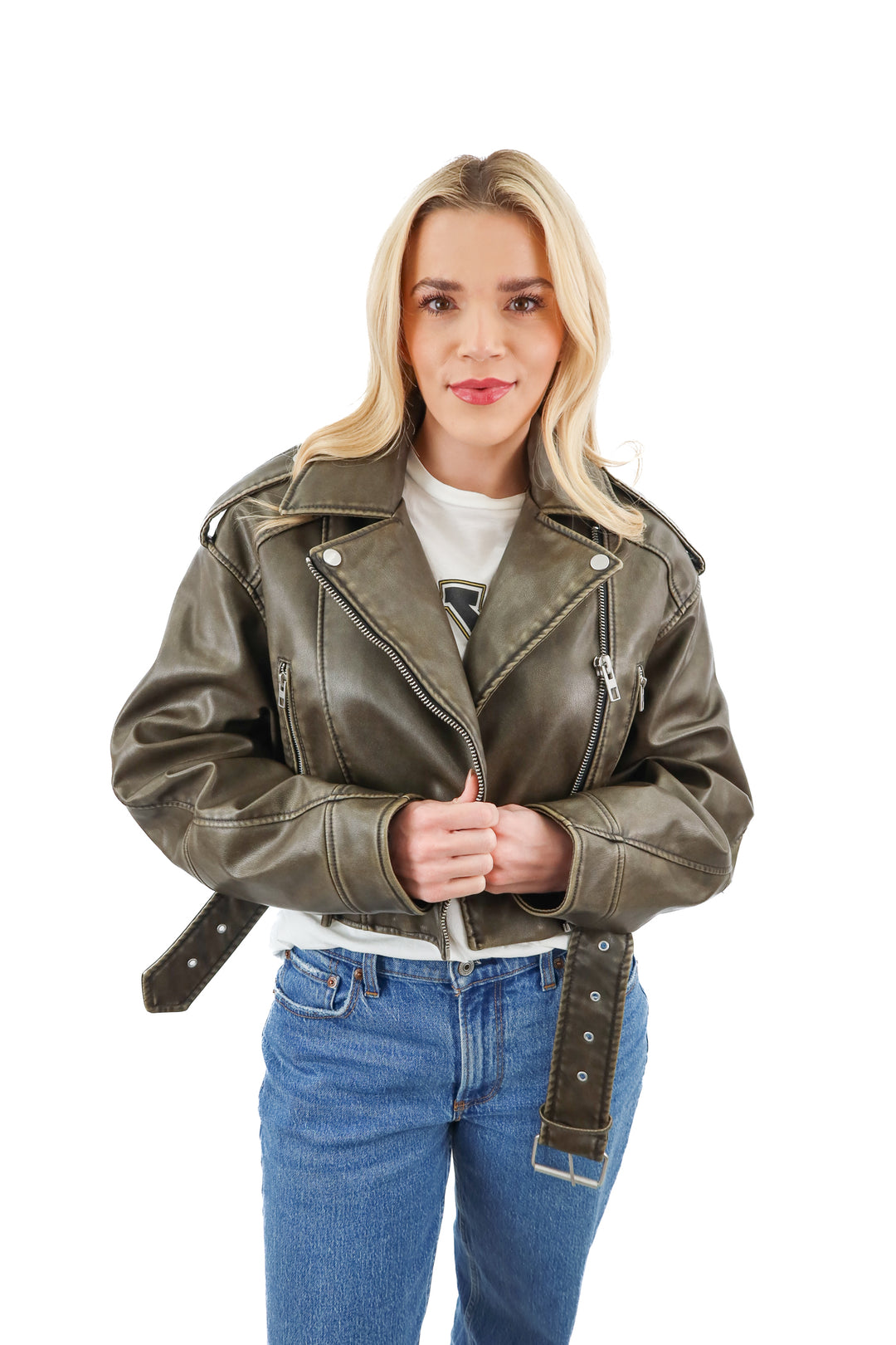 zara green vegan leather belted moto jacket (s; retail $149)