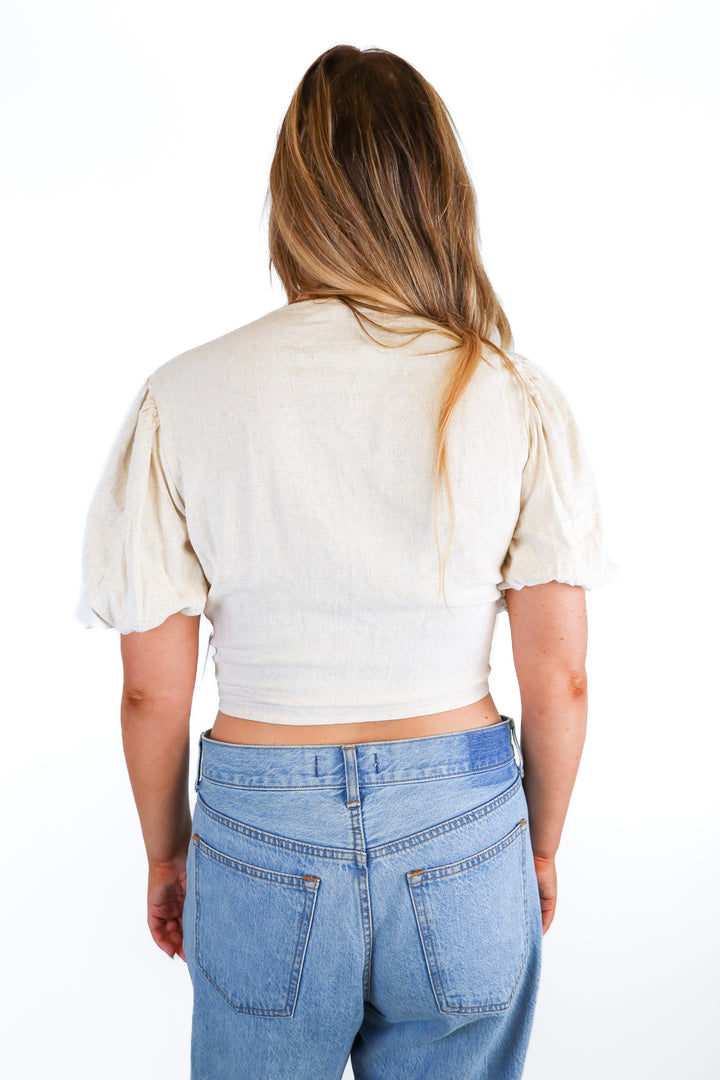 Altar’d State Oatmeal Linen Wrap Puff Sleeve Cropped Top NWT (M; Retail $54)